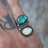 Vintage Sterling Turquoise and MOP Feather Ring 5.5