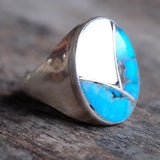 Vintage Sterling Zuni Inlay Turquoise and Mother Of Pearl Ring 10.25
