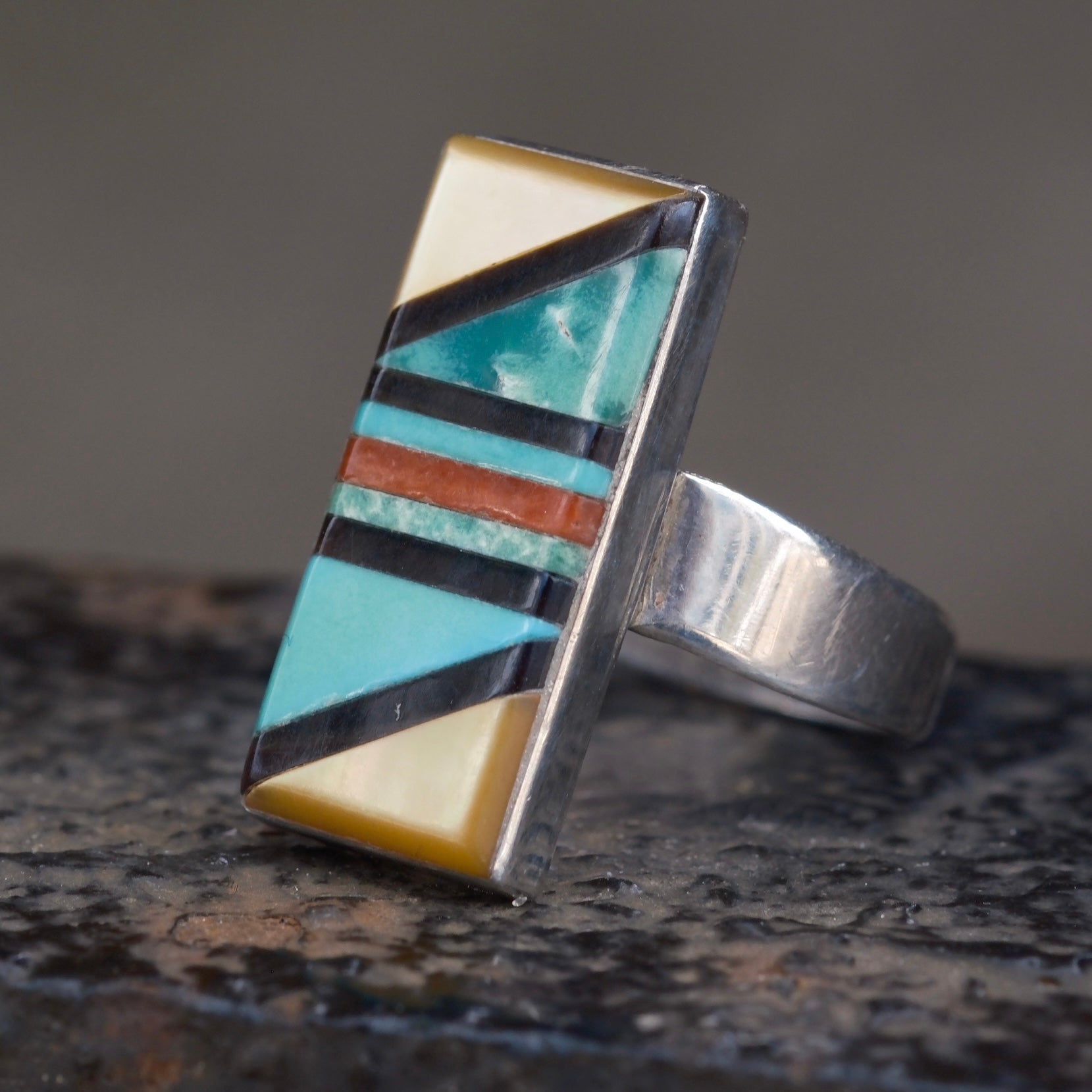 Vintage Sterling Multistone Inlay Ring 5.25