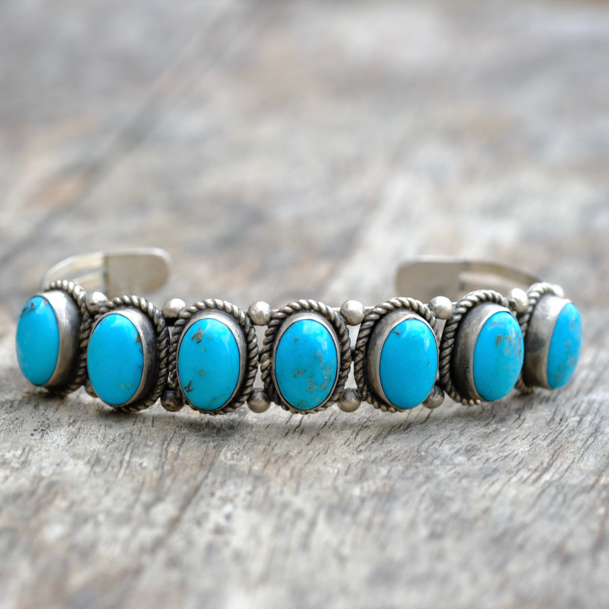 Vintage Sterling 7-Stone Turquoise Cuff Bracelet Running Bear