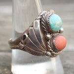 Vintage Sterling Turquoise and Coral Ribbed Band Ring 10.75