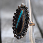 Vintage Sterling Onyx and Turquoise Inlay Ring 5.75