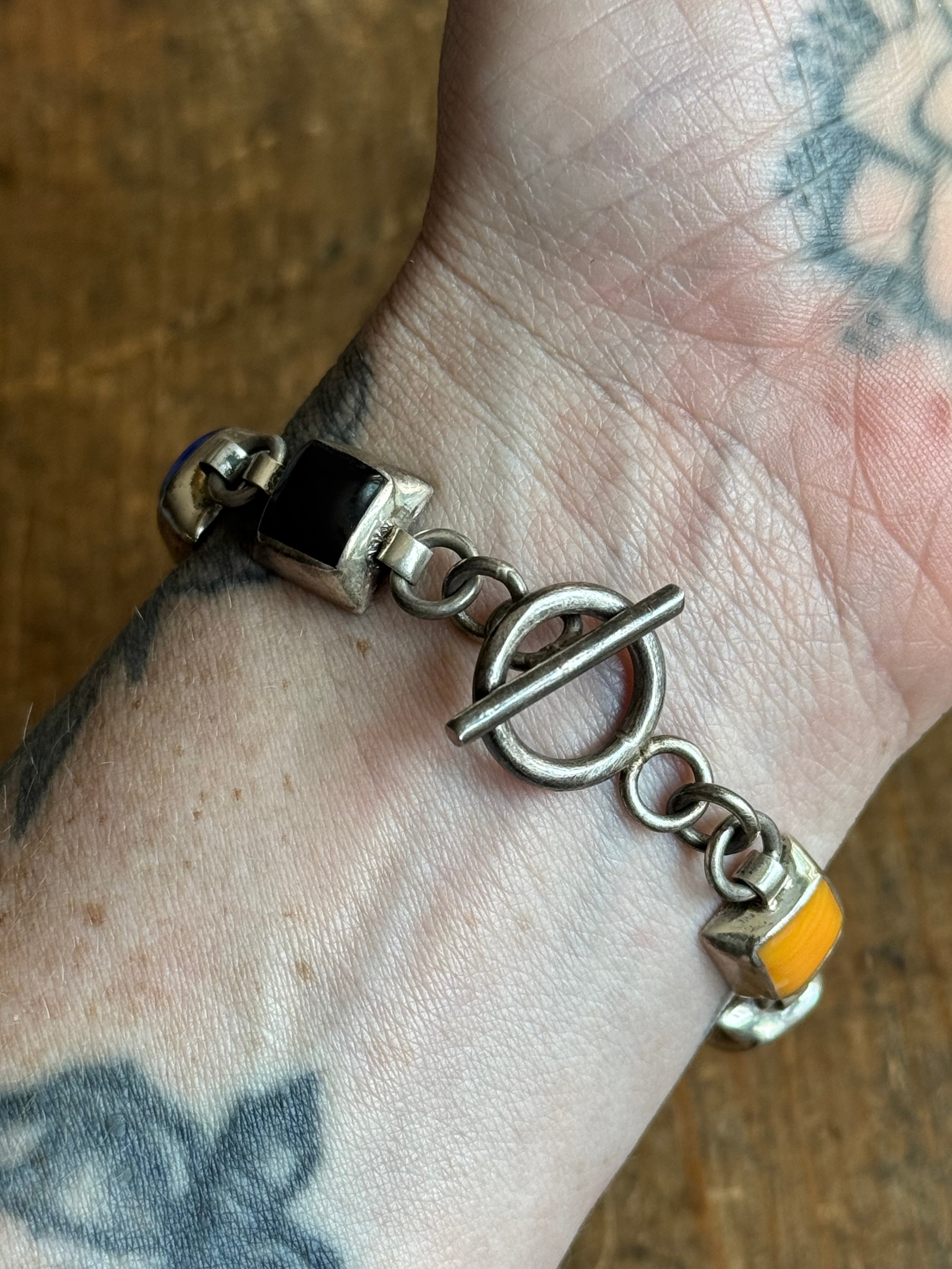 Vintage Sterling Silver 8” Multistone Square Link Toggle Bracelet