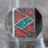 Vintage Sterling Coral and Turquoise Inlay Ring 11.5