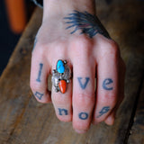 Vintage Sterling Turquoise and Coral Feather Ring 5.75