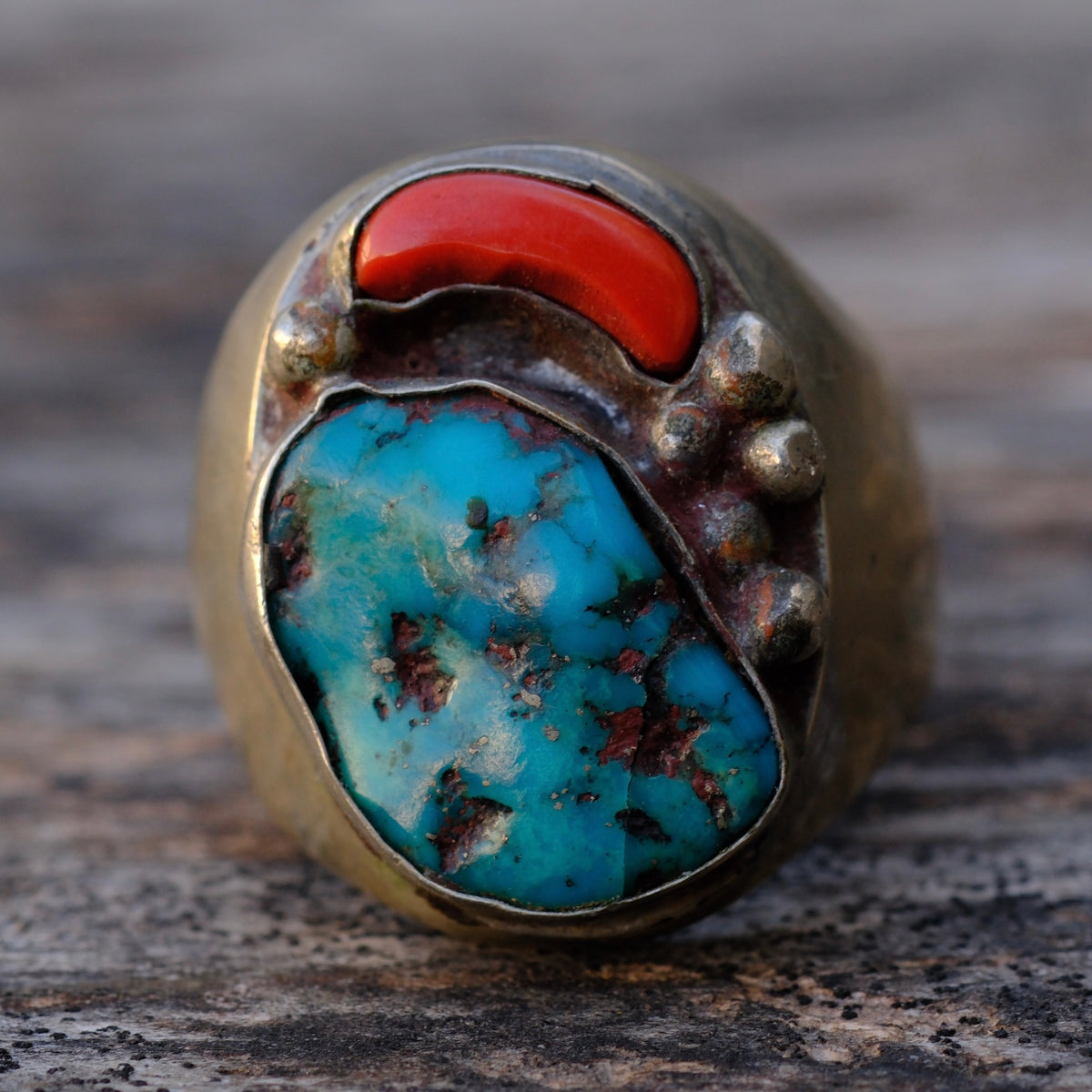 Vintage Sterling Turquoise and Coral Ring 12.5