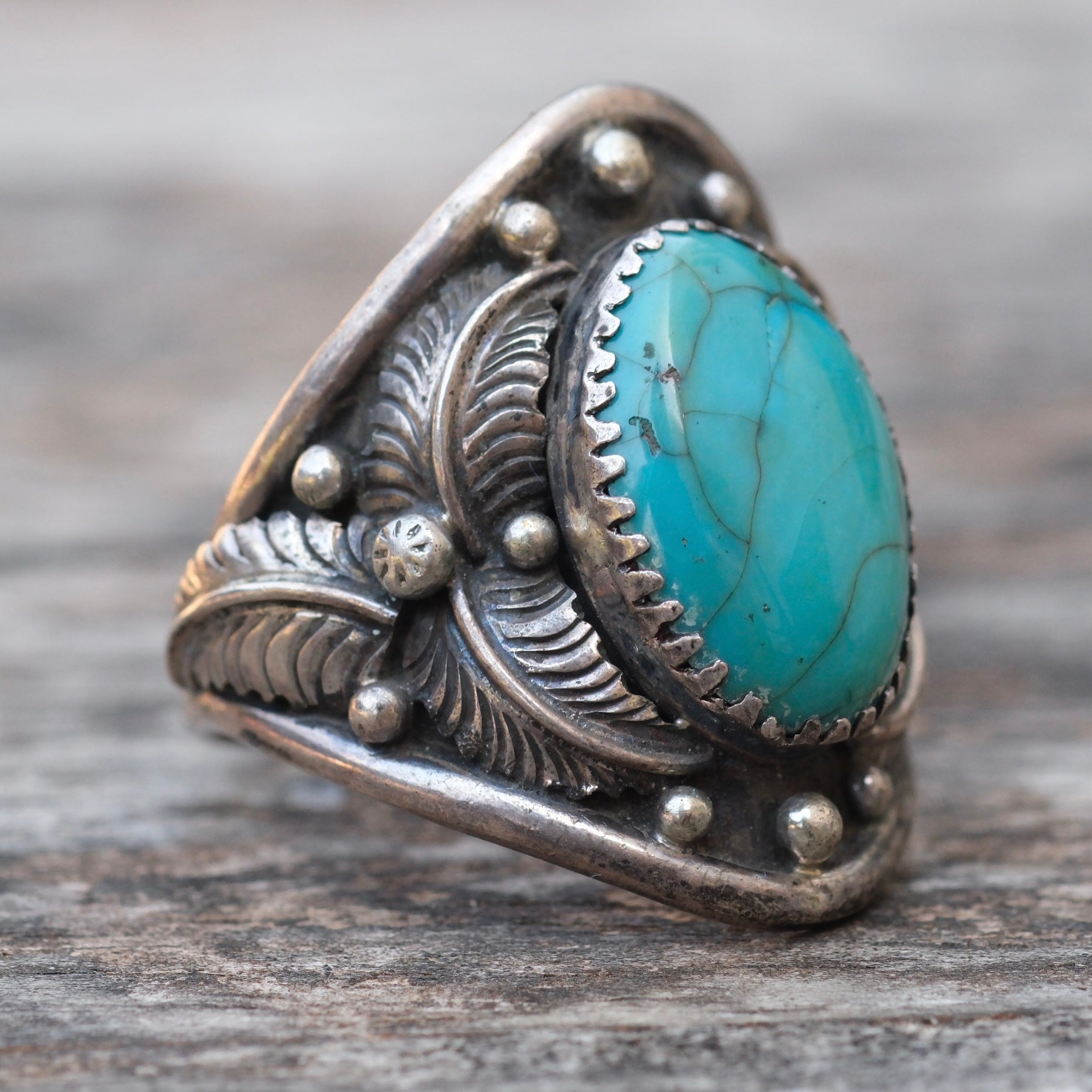 Vintage Sterling Turquoise Feather Ring 11.25