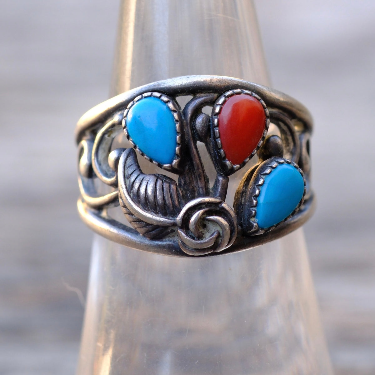 Vintage Sterling Turquoise and Coral Feather Ring 6.75