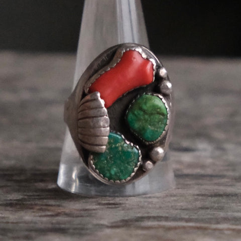 Vintage Sterling Turquoise and Coral Ring 13