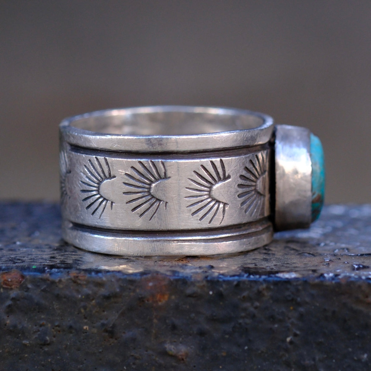 Sterling Silver Bisbee Turquoise Stamped Band Ring 9