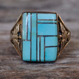 Vintage Sterling Turquoise Inlay Thunderbird Ring 12.5