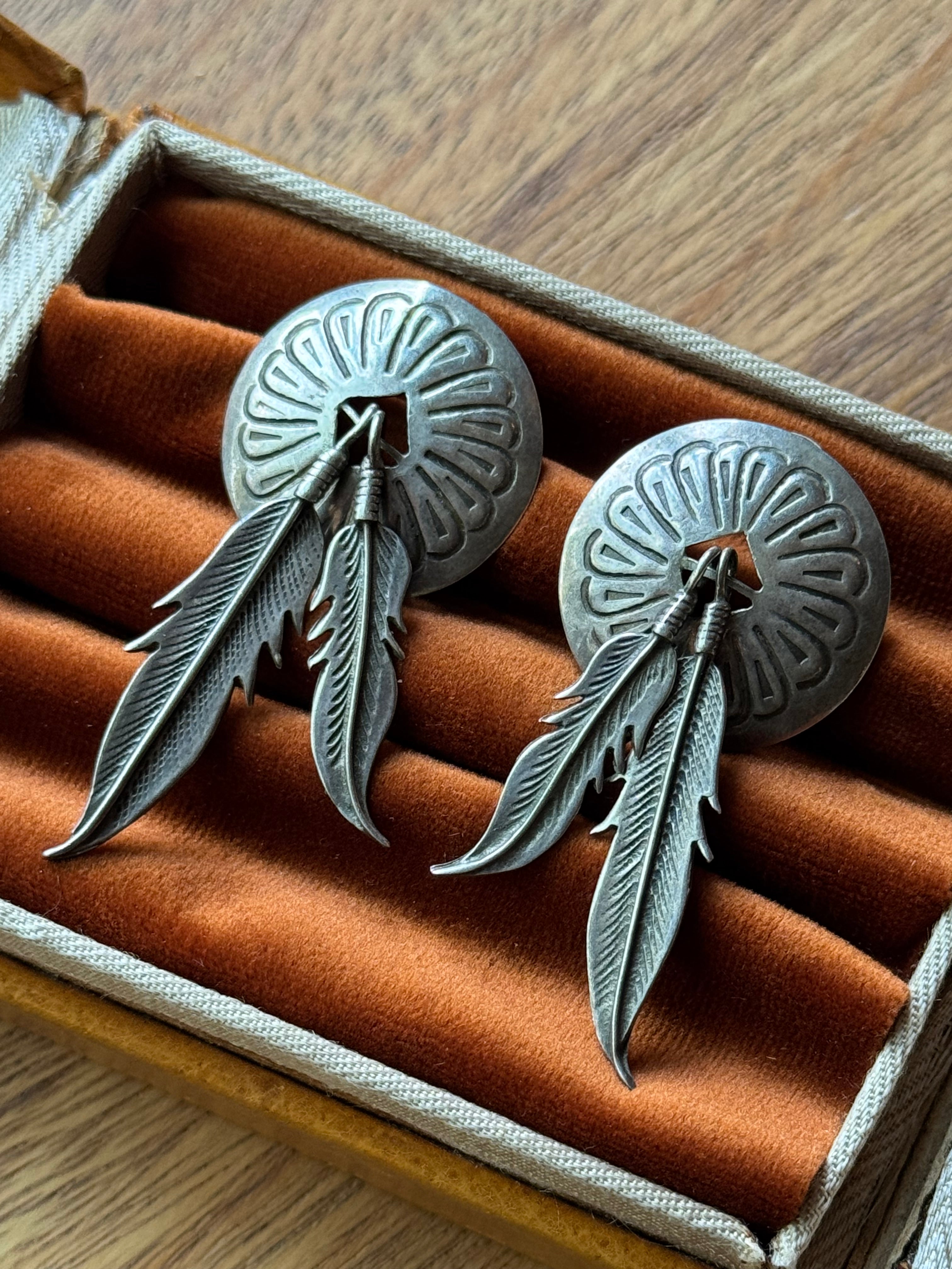Vintage Sterling Silver Concho Feather Earrings