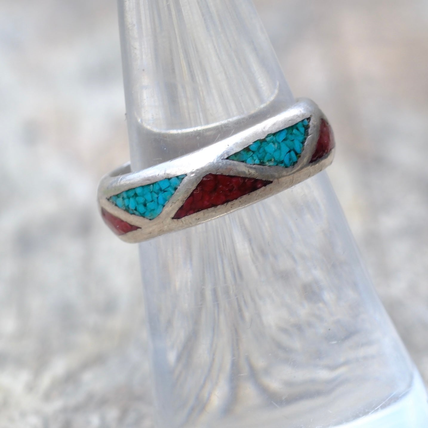 Vintage Sterling Silver Crushed Turquoise & Coral Inlay Band 6.5