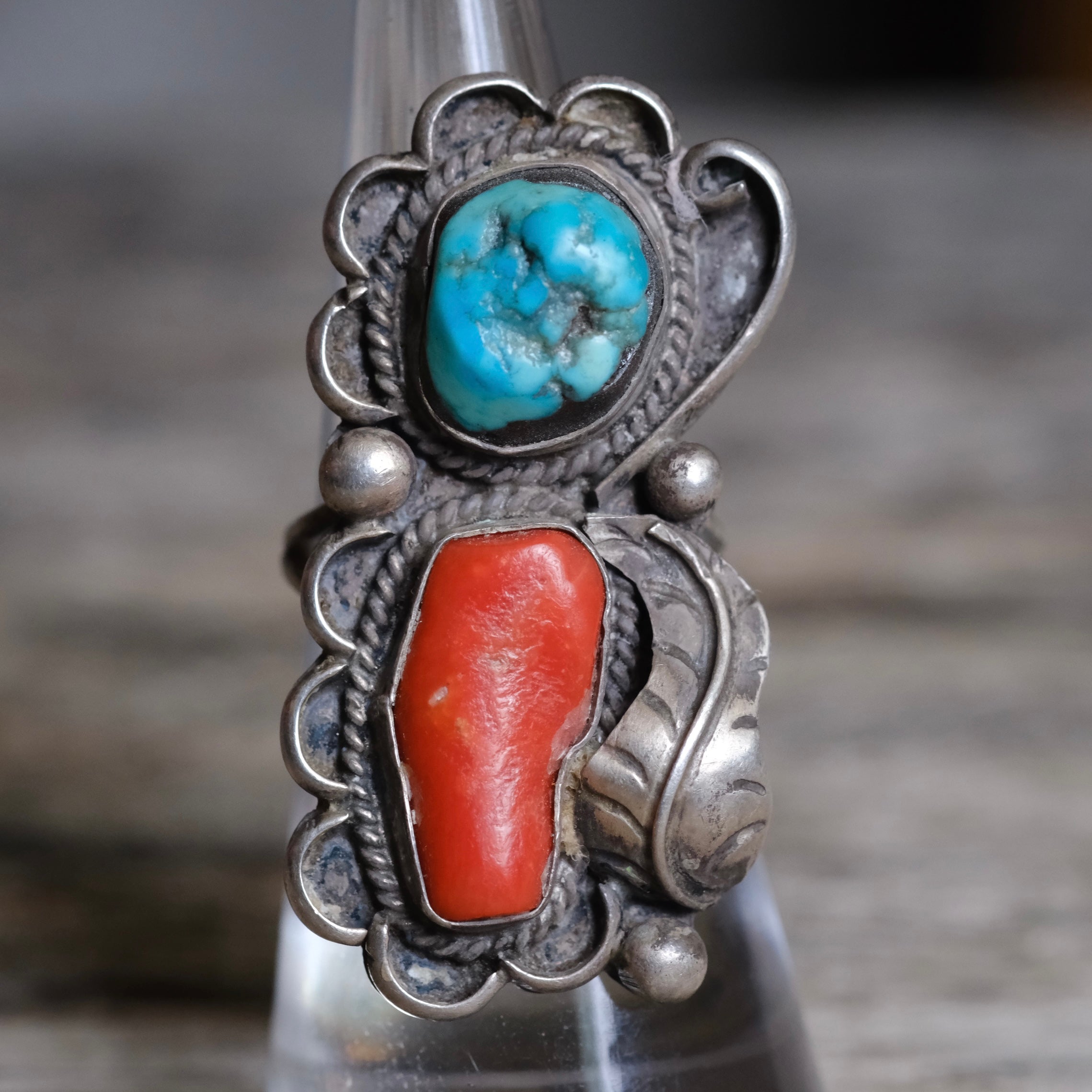 Vintage Sterling Turquoise and Coral Feather Ring 6.25