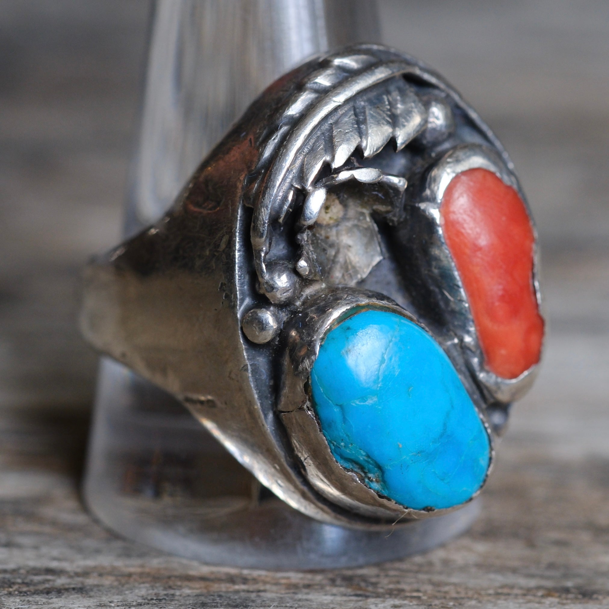 Vintage Sterling Turquoise and Coral Feather Ring 12.25