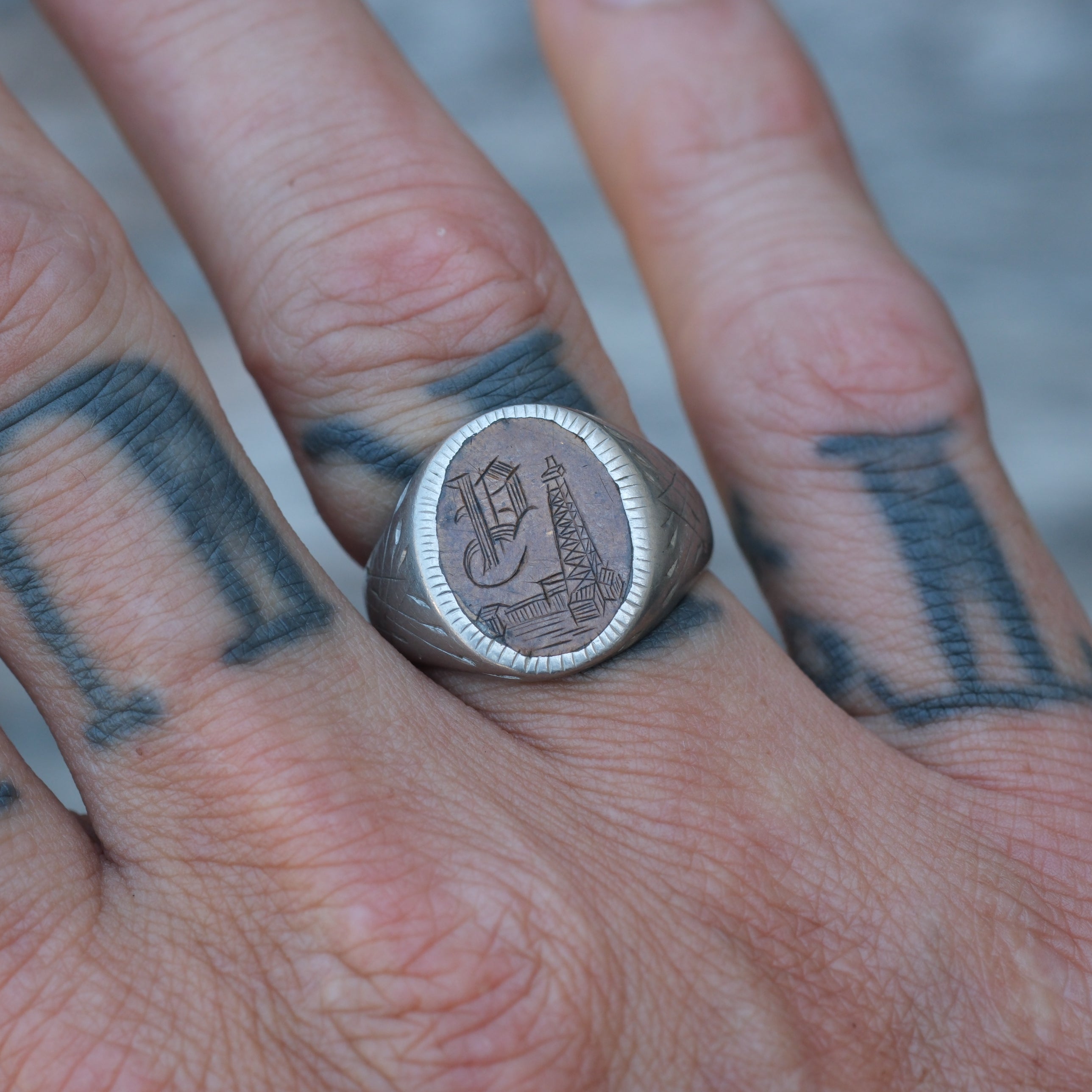 Vintage Sterling and Copper Engraved P Initial Signet Ring 8.75