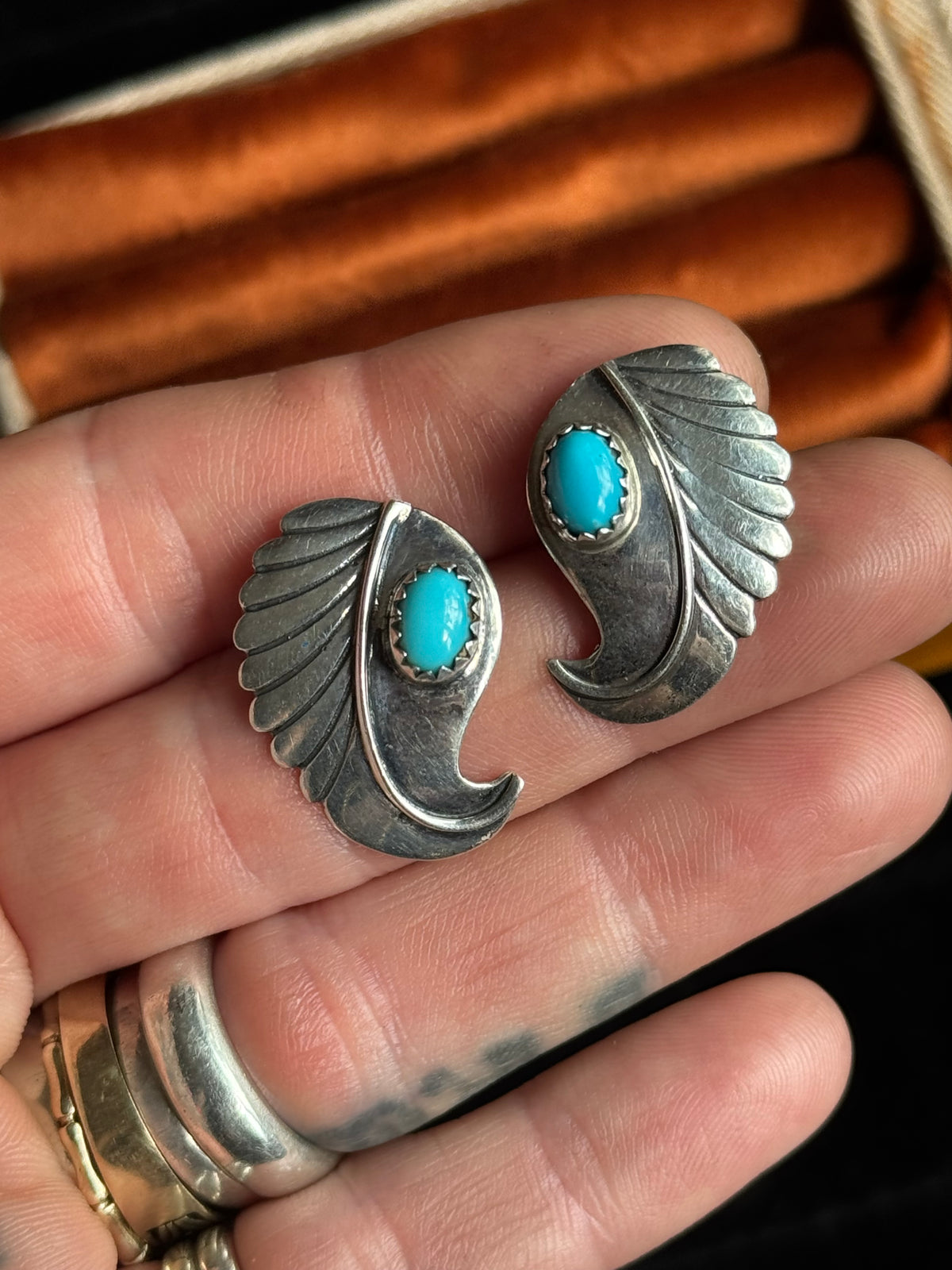 Vintage Sterling Silver Turquoise Leaf Earrings