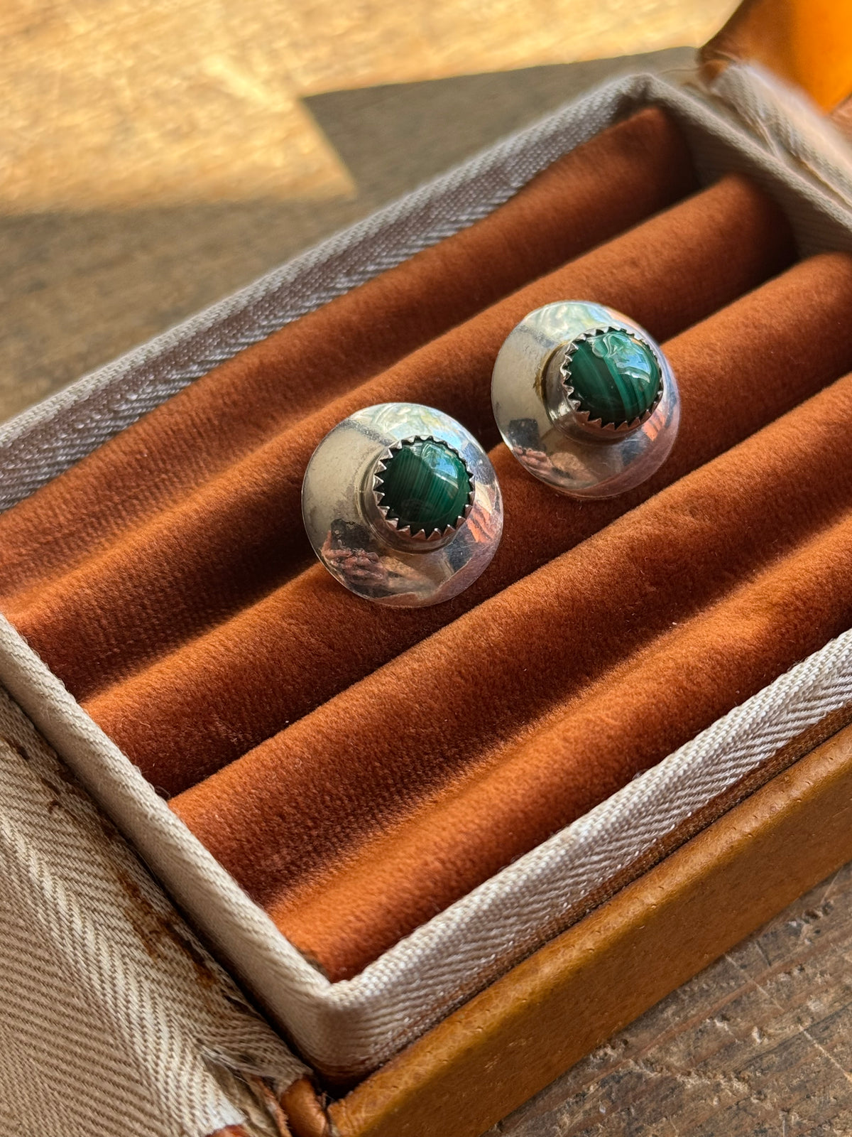 Vintage Sterling Silver Malachite Concho Earrings