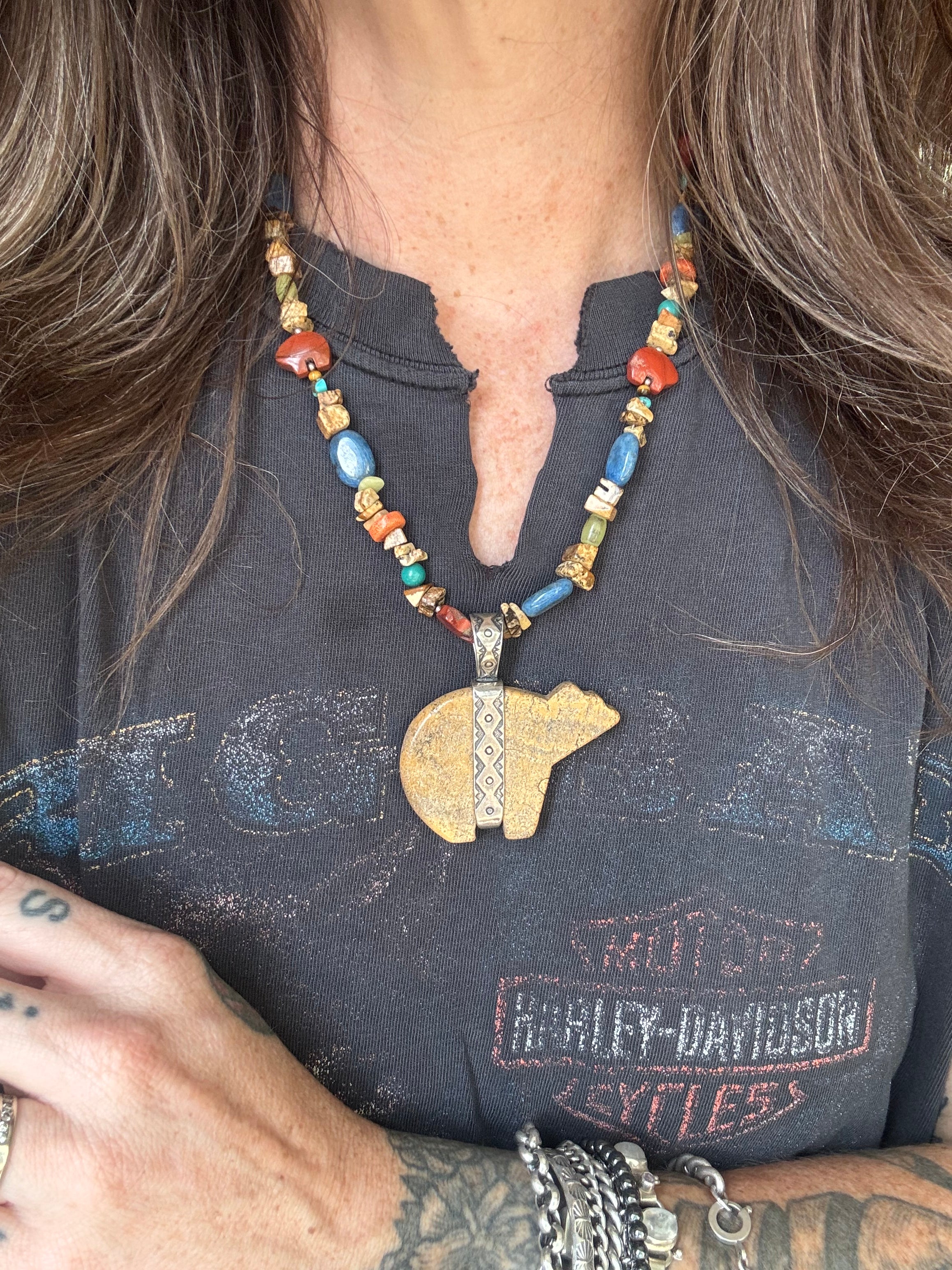 Vintage Mixed Stone Beaded Jasper & Sterling Bear Necklace