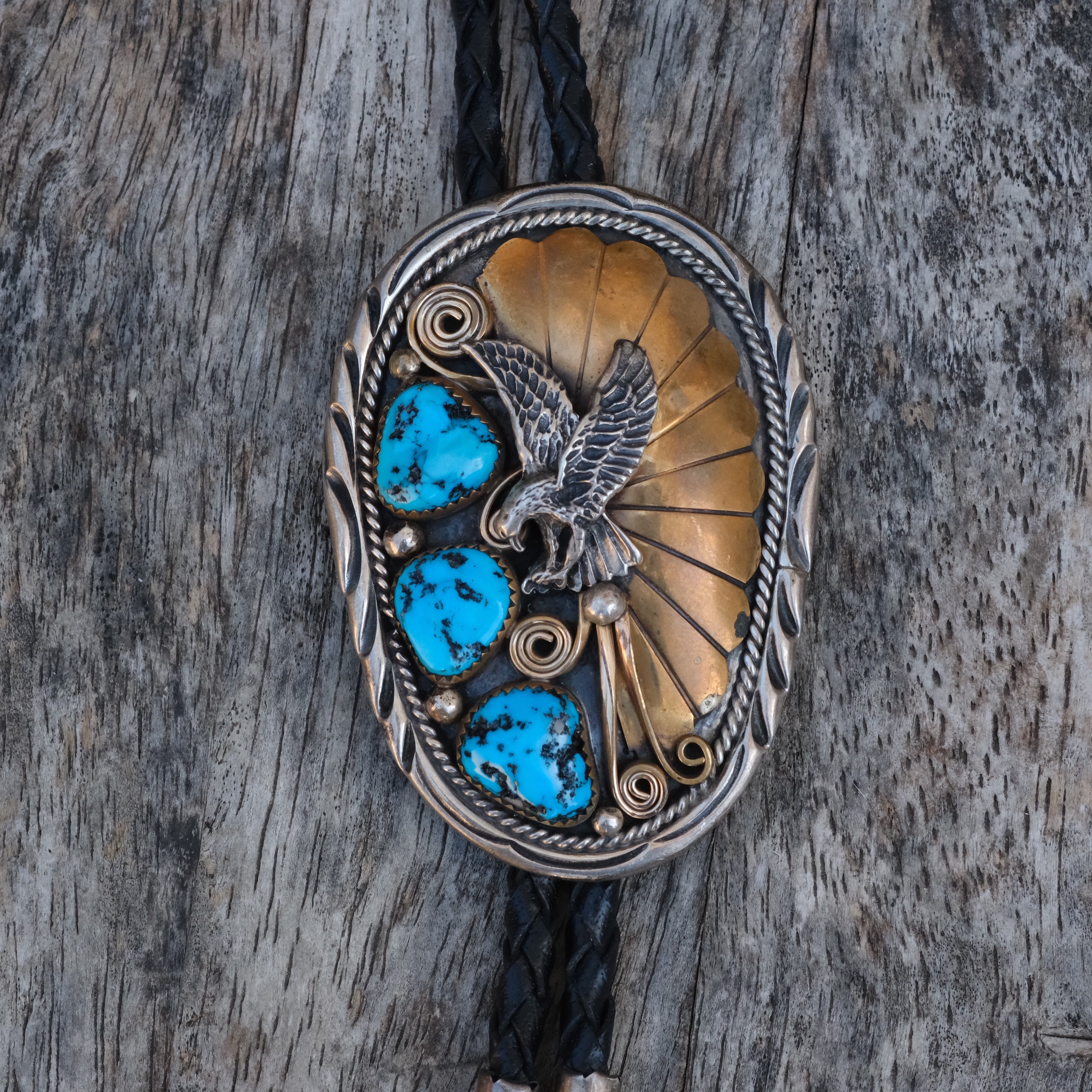 Vintage Sterling and Gold Turquoise Eagle Bolo Tie