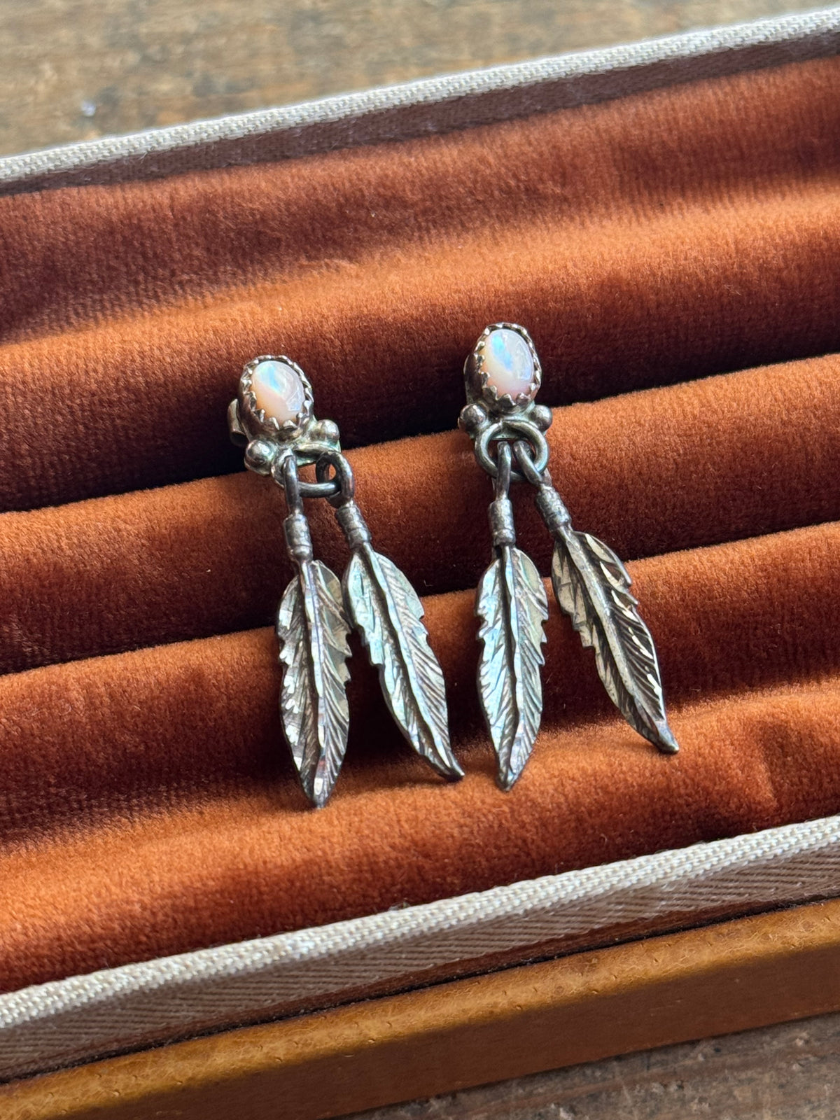 Vintage Sterling Silver Mother of Pearl Feather Earrings