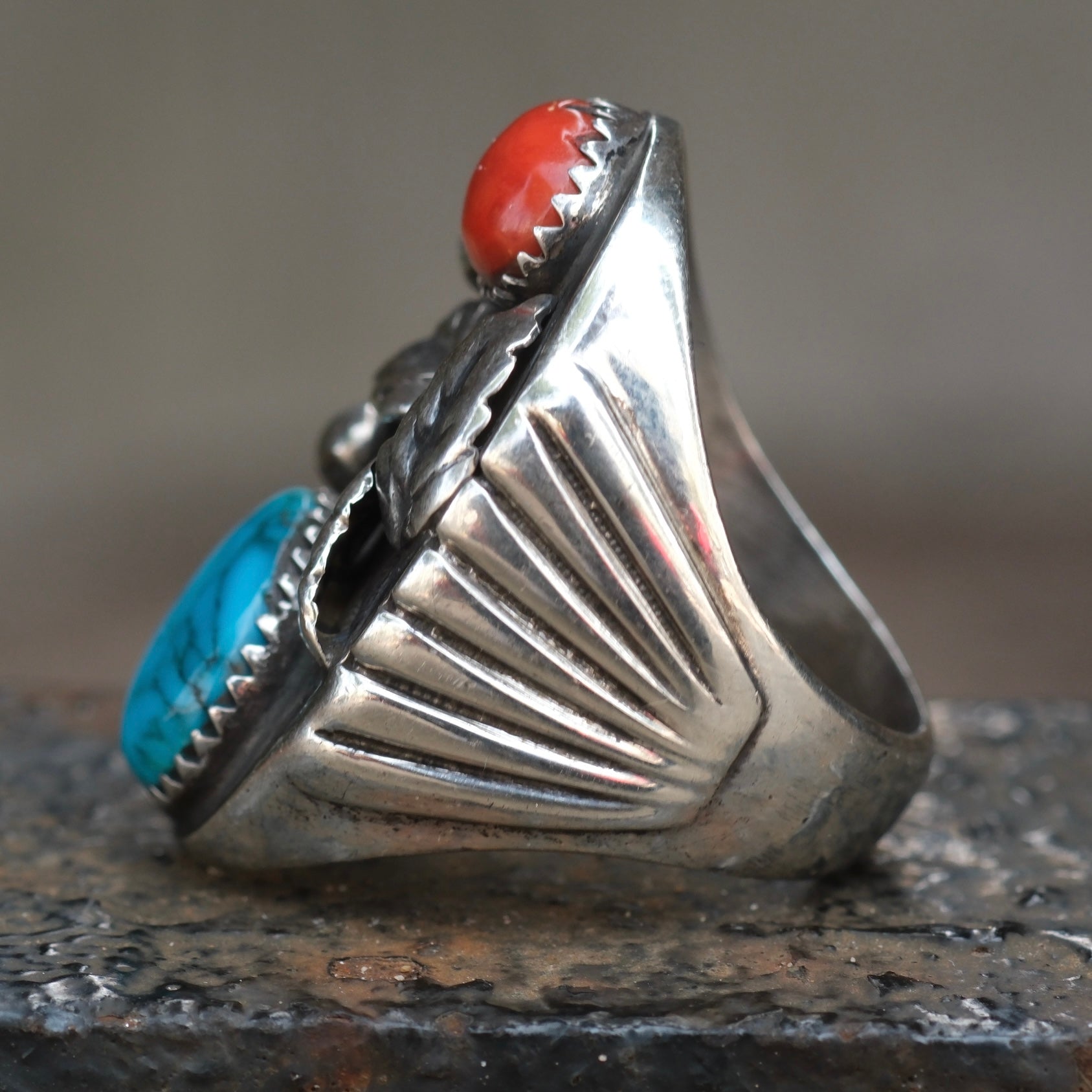 Vintage Sterling Turquoise and Coral Feather Ring 9