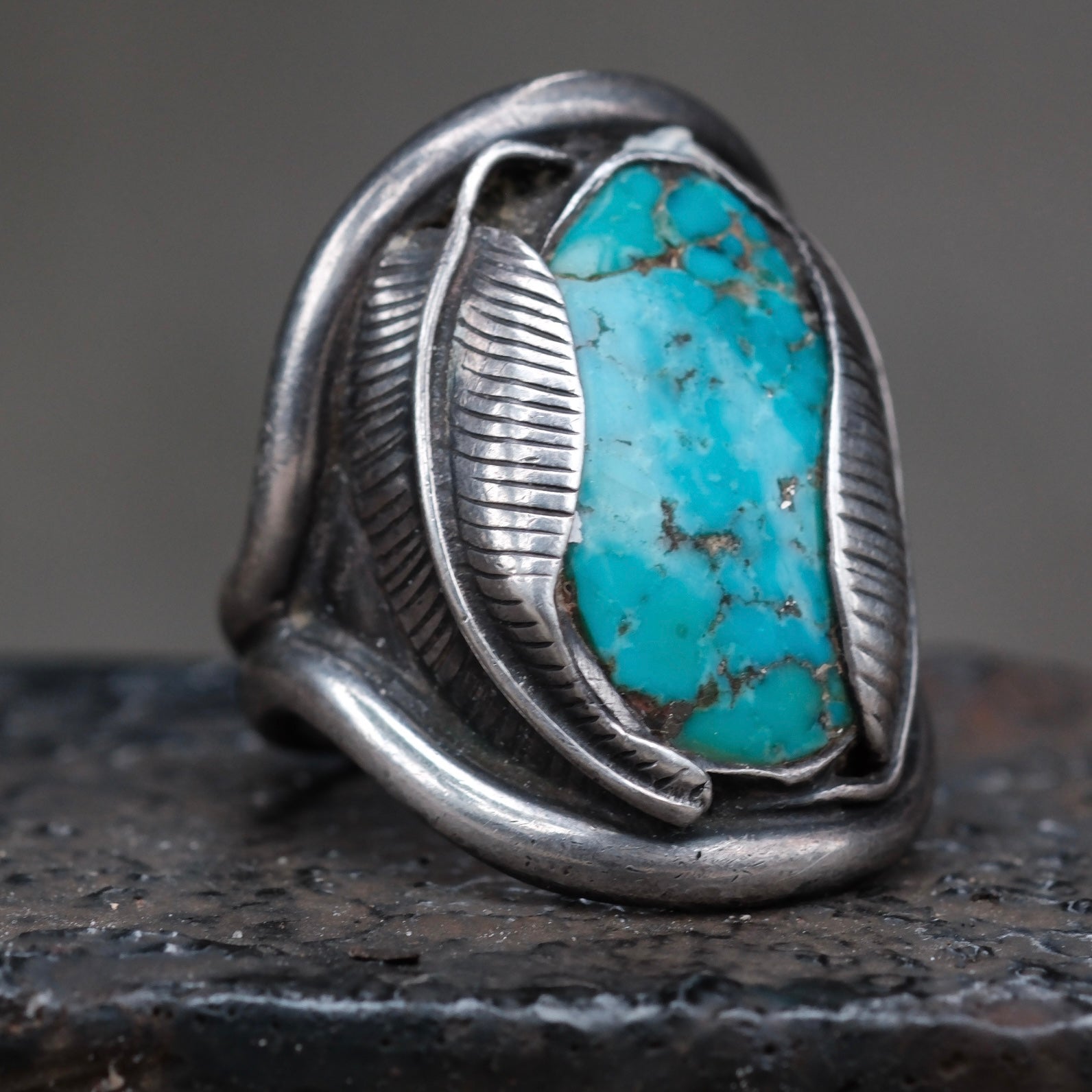 Vintage Sterling Turquoise Feather Ring 5.75