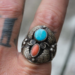 Vintage Sterling Turquoise and Coral Feather Ring 9.25