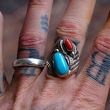 Vintage Sterling Turquoise and Coral Feather Ring 10