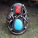 Vintage Sterling Turquoise and Coral Feather Ring 11.5