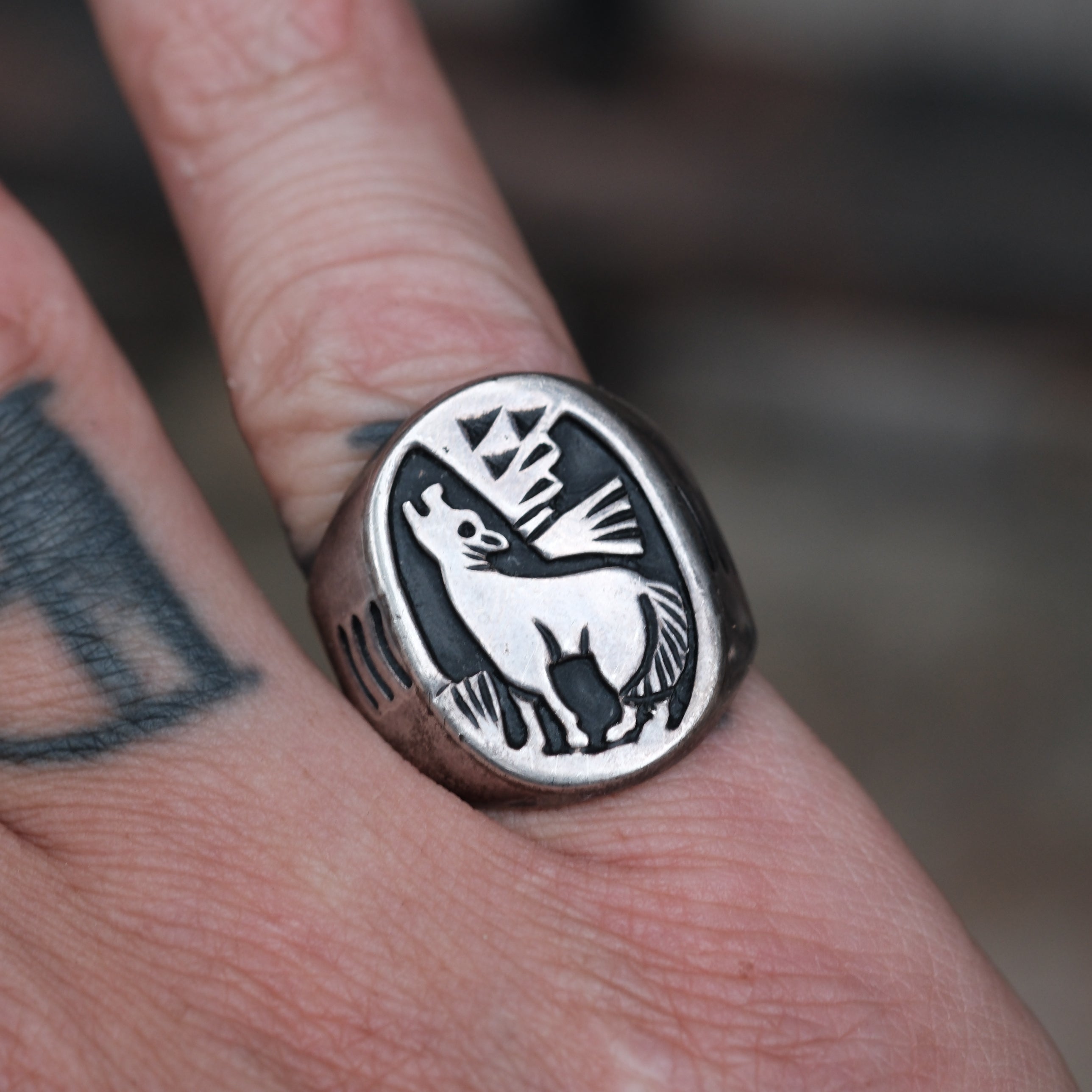 Vintage Sterling Howling Wolf Ring 7