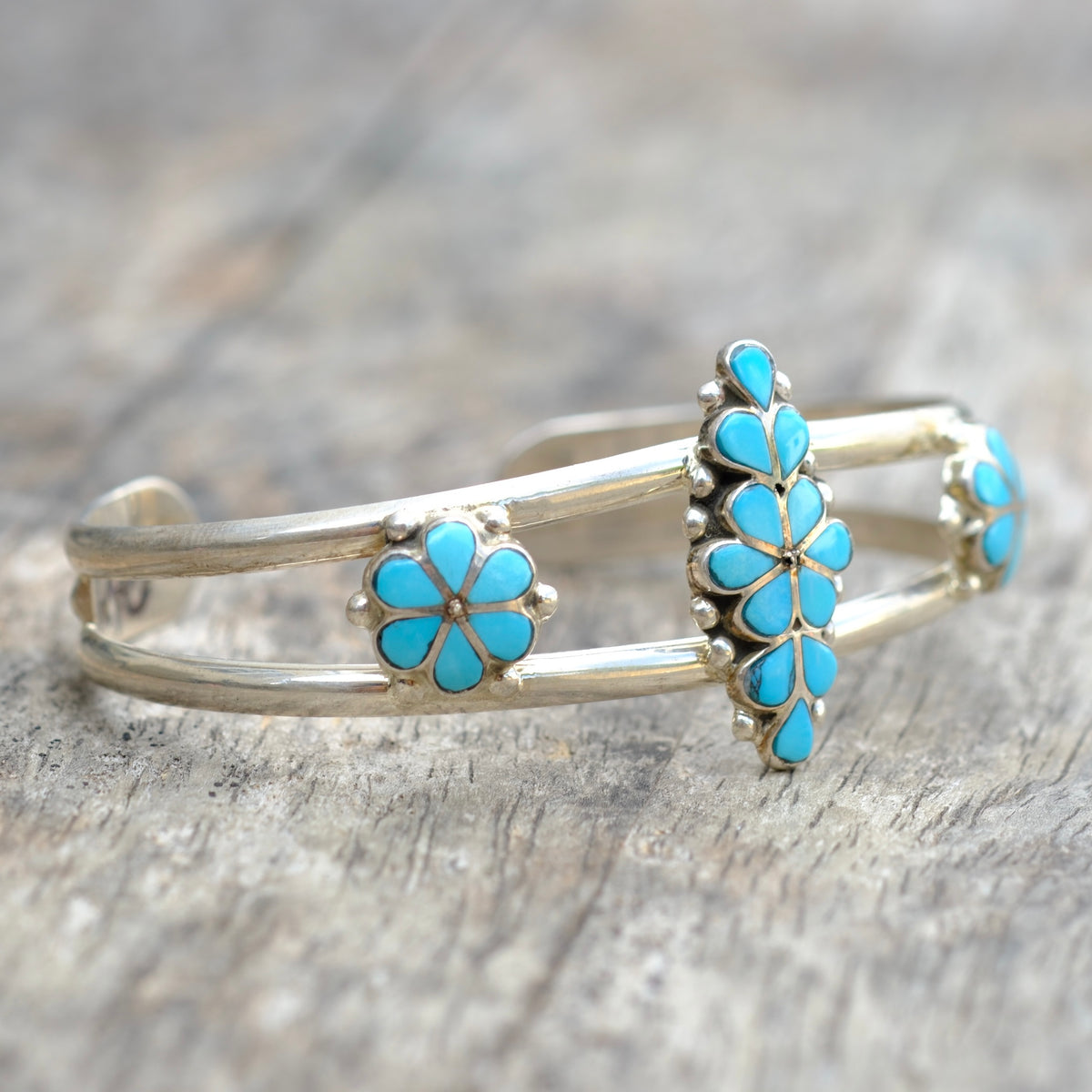 Vintage Sterling Turquoise Inlay Flower Cuff Bracelet