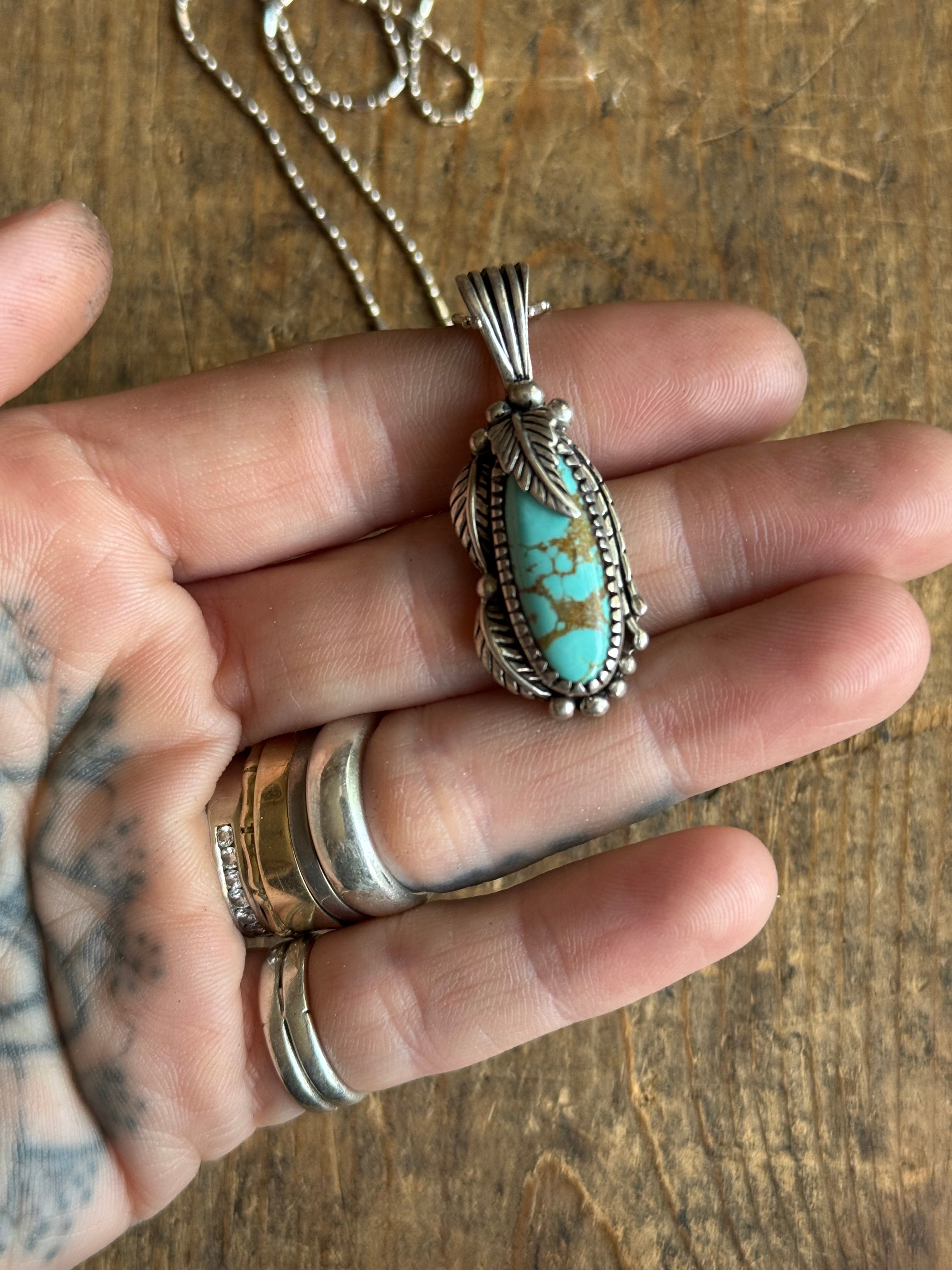 Vintage Sterling Silver Turquoise Leaf Necklace