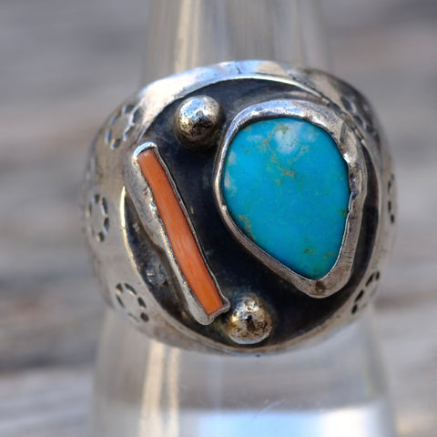 Vintage Sterling Turquoise and Coral Stamped Band Ring 9.25