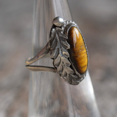 Vintage Sterling Tigers Eye Feather Ring 5.5