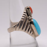 Vintage Sterling Turquoise and Coral Feather Ring 9.75