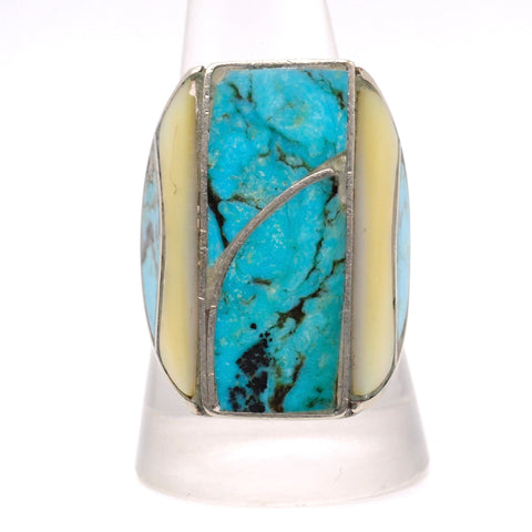 Vintage Sterling Turquoise and Mother Of Pearl Inlay Ring 10.75
