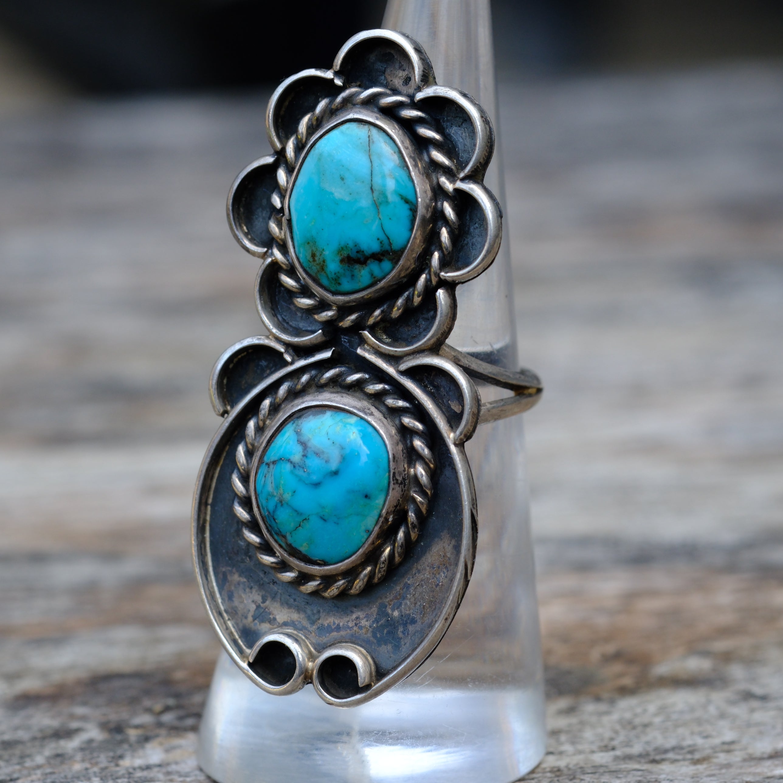 Vintage Sterling 2- Stone Turquoise Ring 6.25