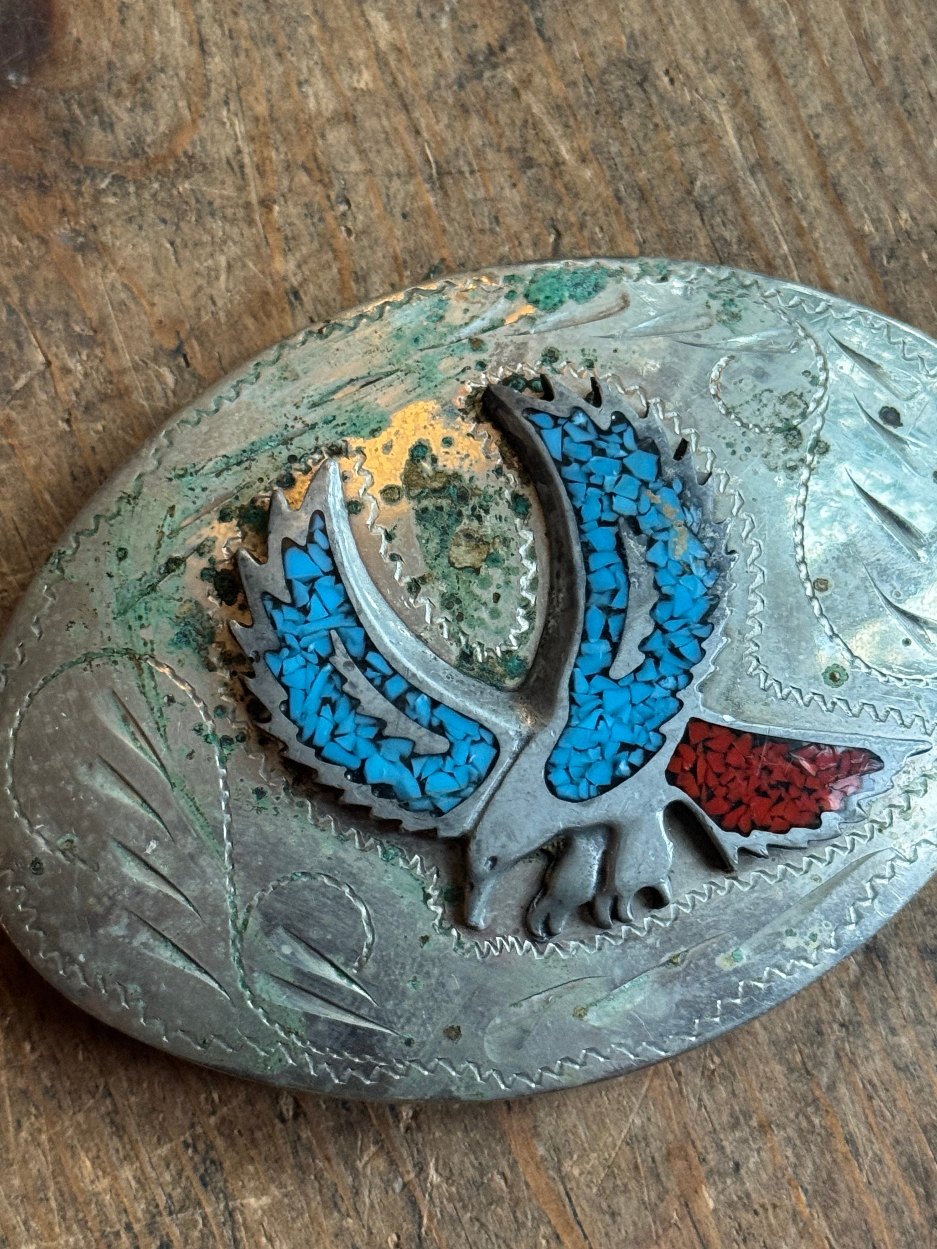 Vintage Turquoise & Coral Chip Inlay Eagle Belt Buckle