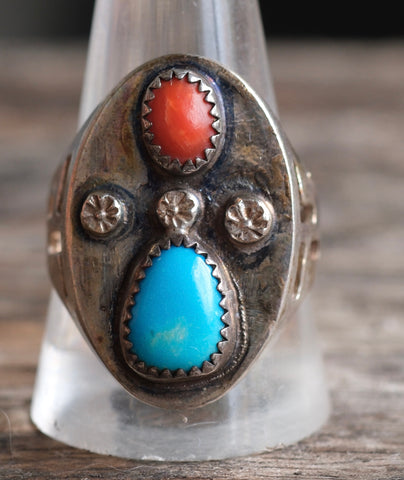 Vintage Sterling Turquoise and Coral Ring 11.5
