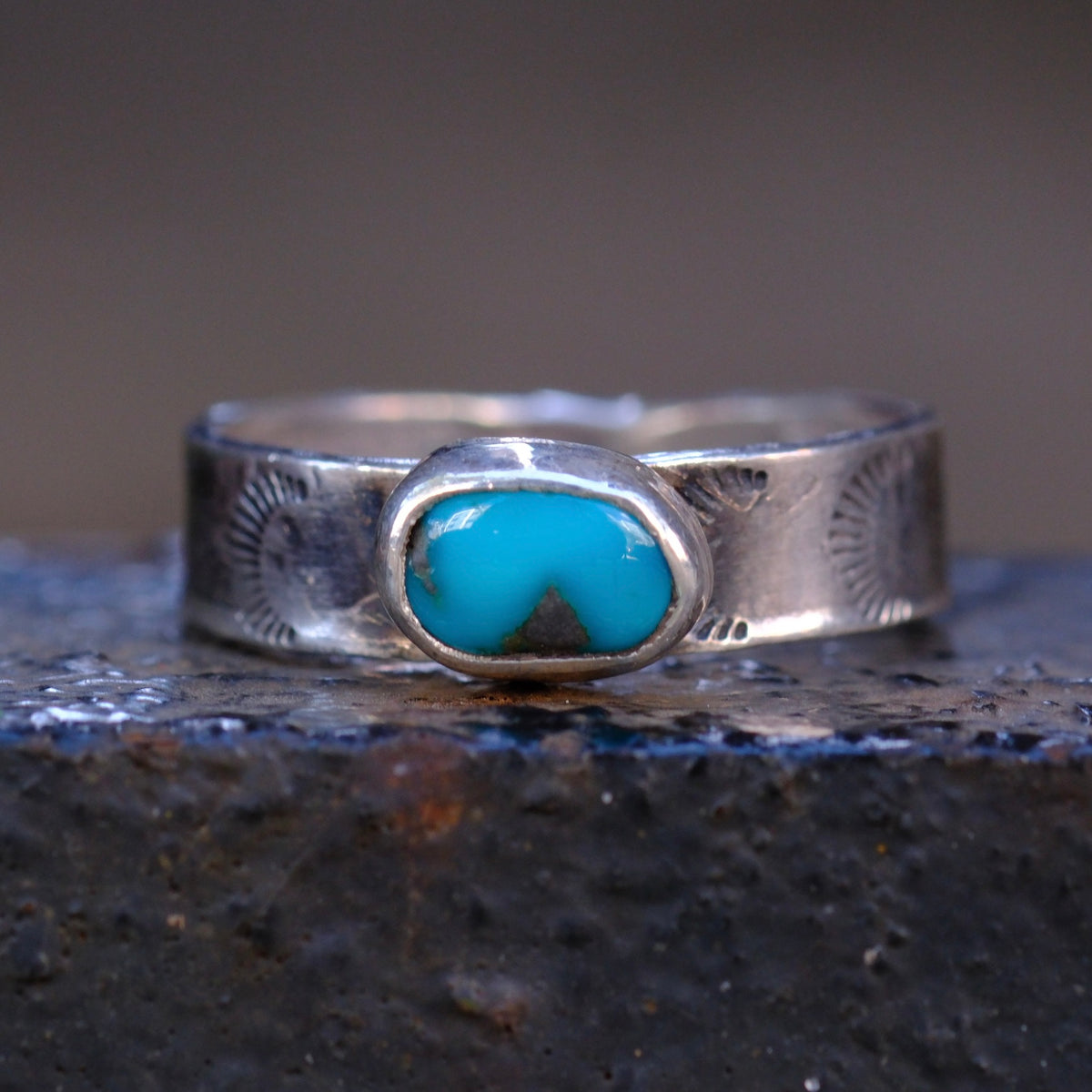Sterling Silver Lone Mountain Turquoise Stamped Band Ring 10.25