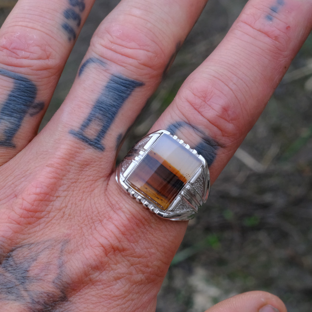 Vintage Sterling Agate Signet Ring 11.5