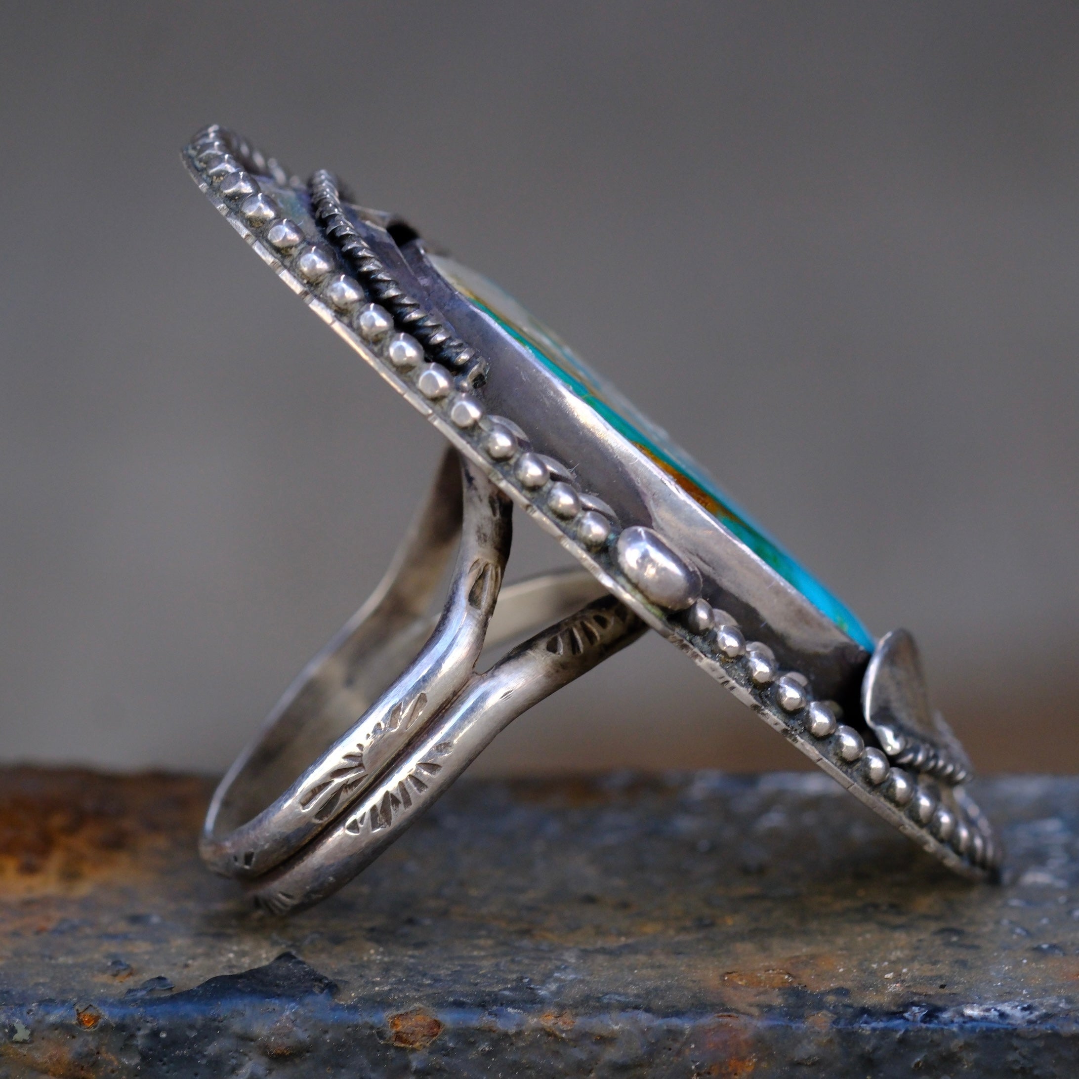 Massive Vintage STerling Turquoise Feather Ring 11.5