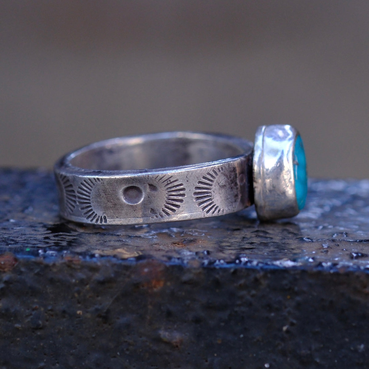 Sterling Silver Lone Mountain Turquoise Stamped Band Ring 6.5
