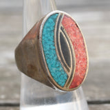 Vintage Sterling Turquoise and Coral Inlay Ring 8.75