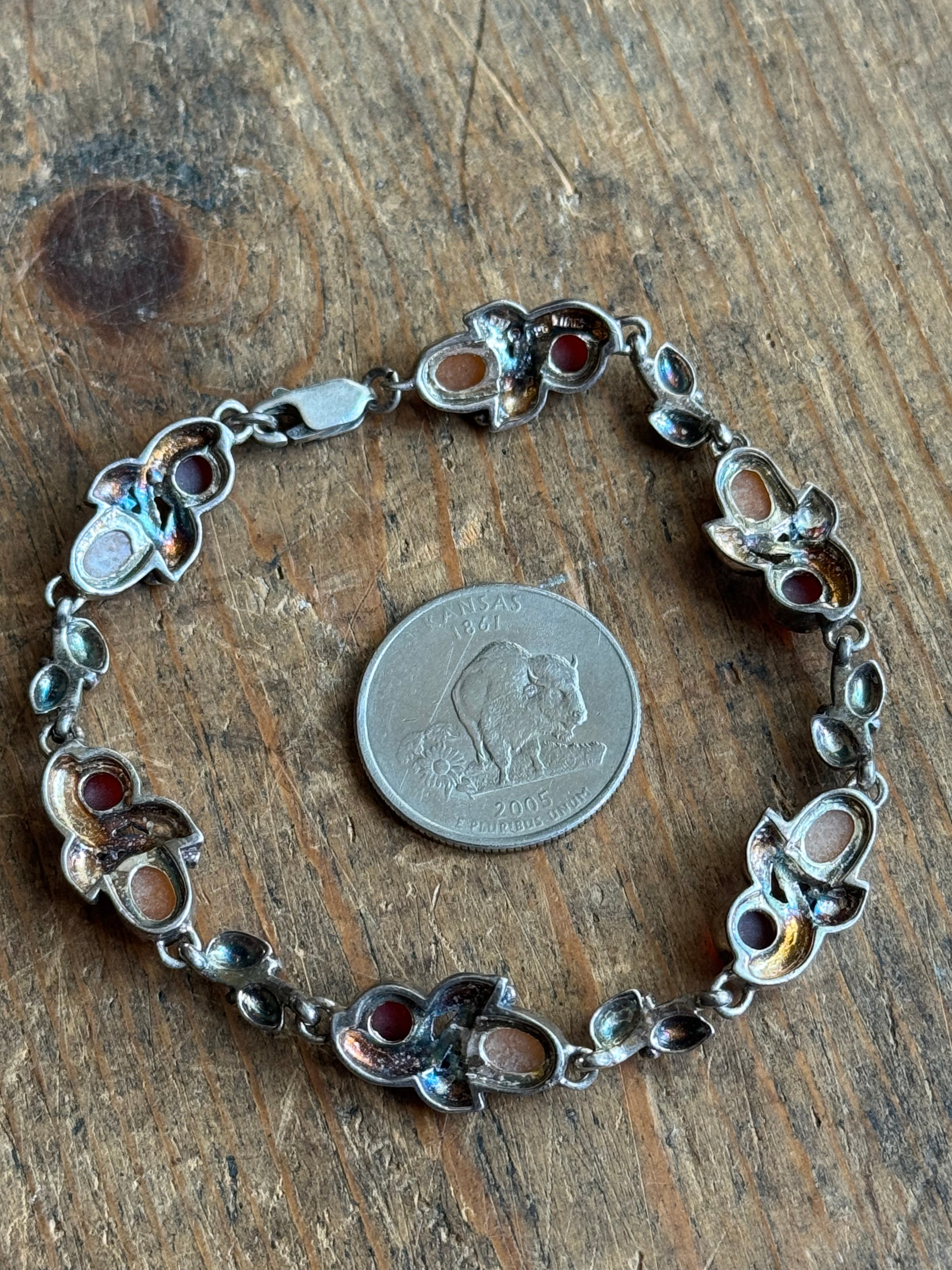 Vintage Sterling Silver 8.25” Carnelian Flower Link Bracelet