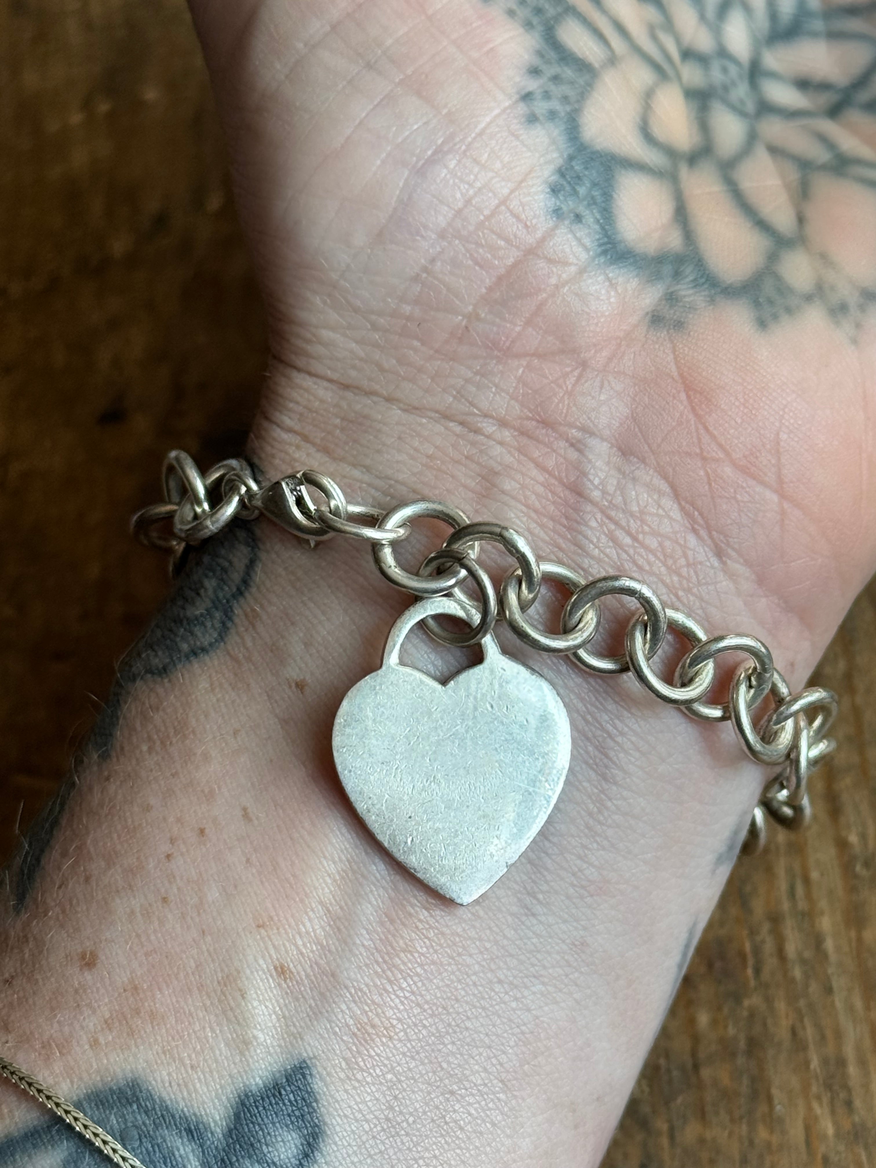 Vintage Sterling Silver 7” Cable Link Heart Tag Bracelet