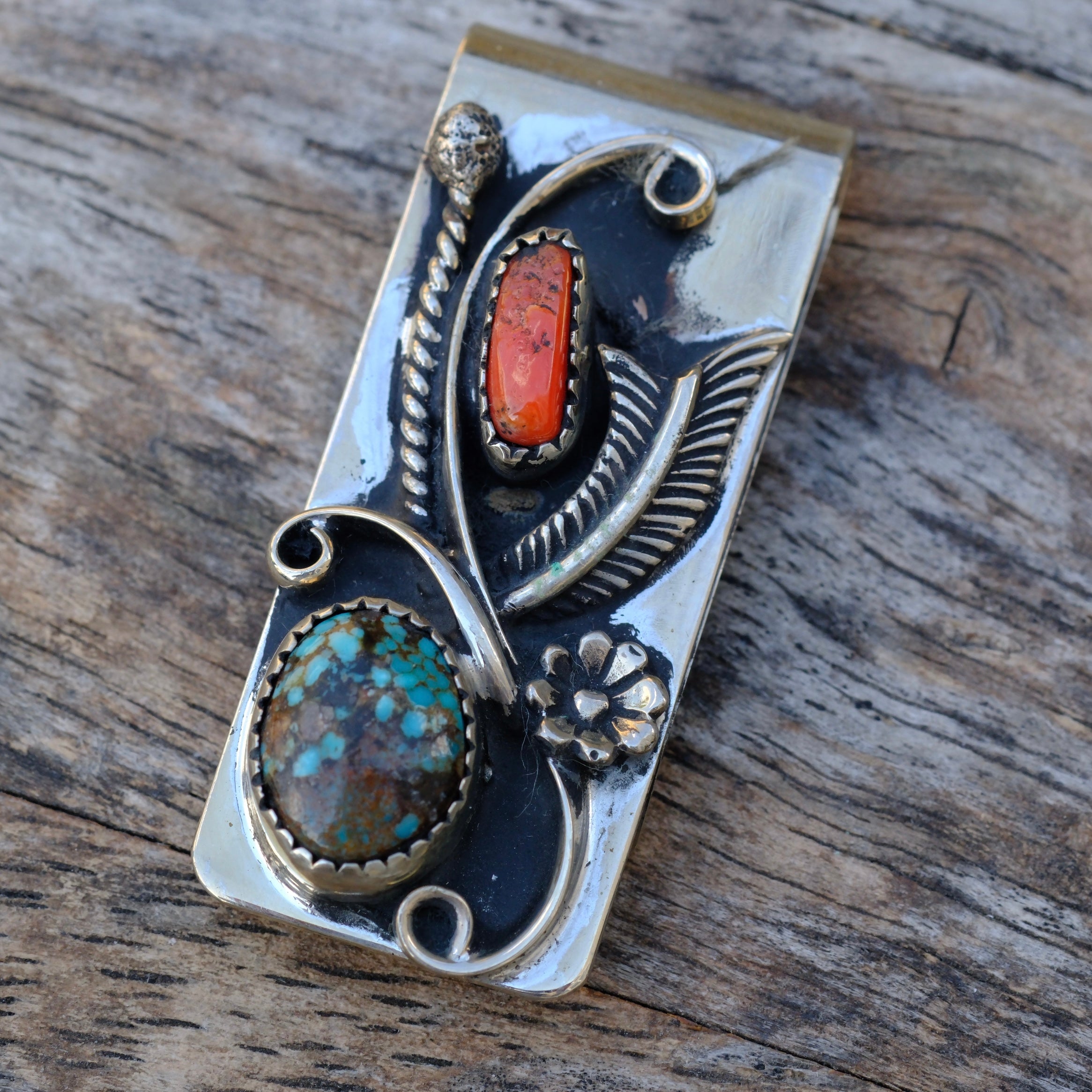 Vintage Turquoise and Coral Feather Money Clip