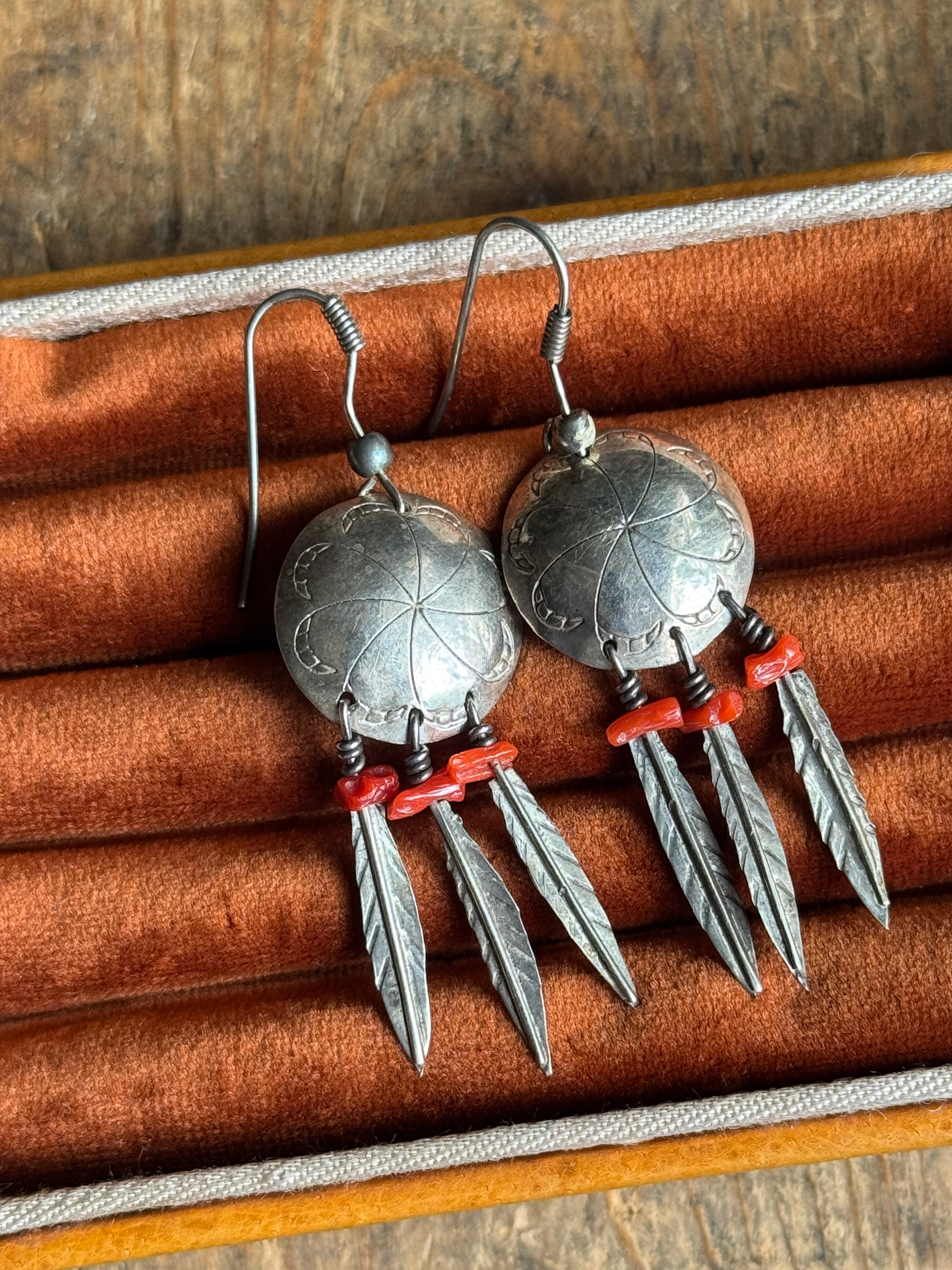 Vintage Sterling Silver Coral Bead Feather Concho Earrings