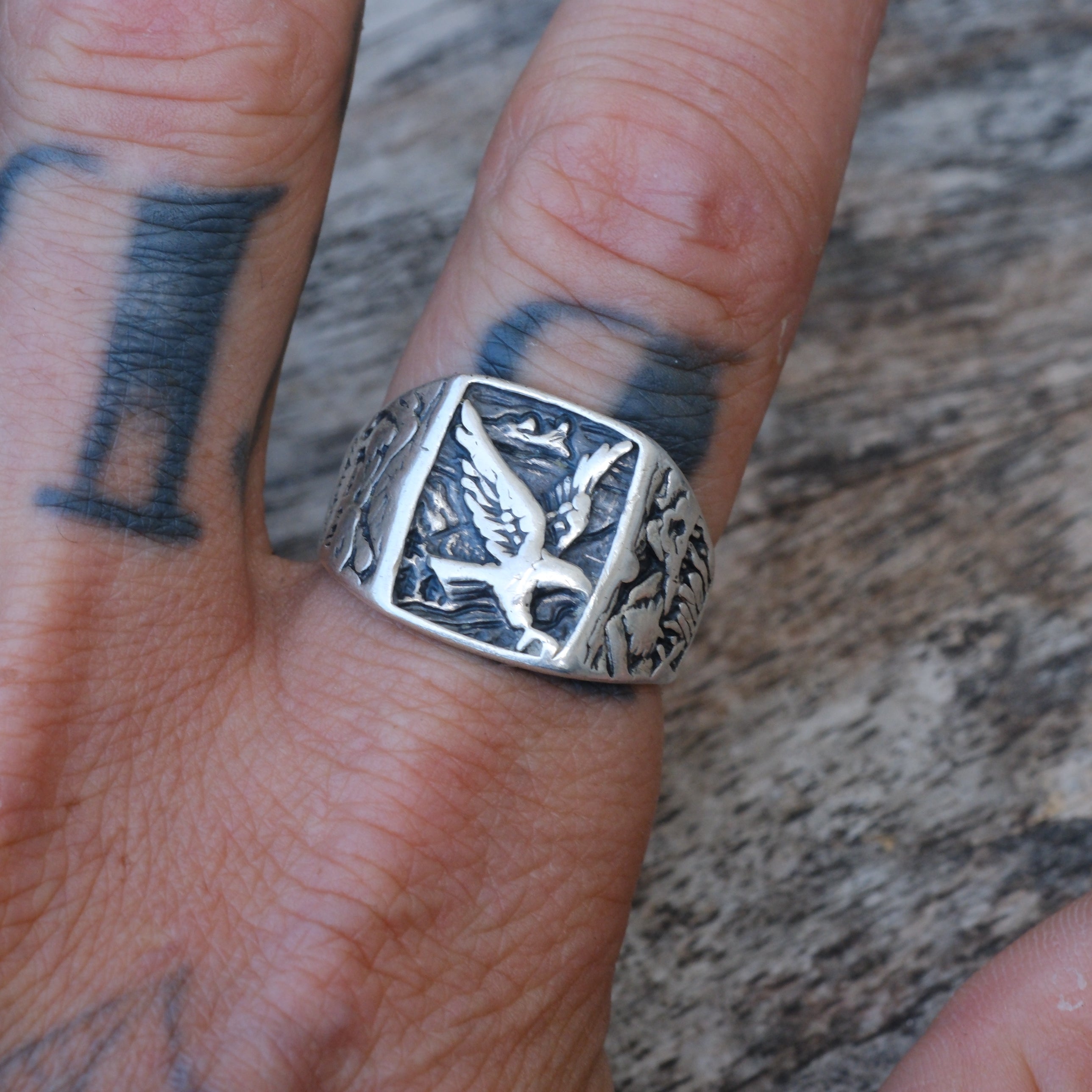 Vintage Sterling Eagle Mountain Signet Ring 9.25